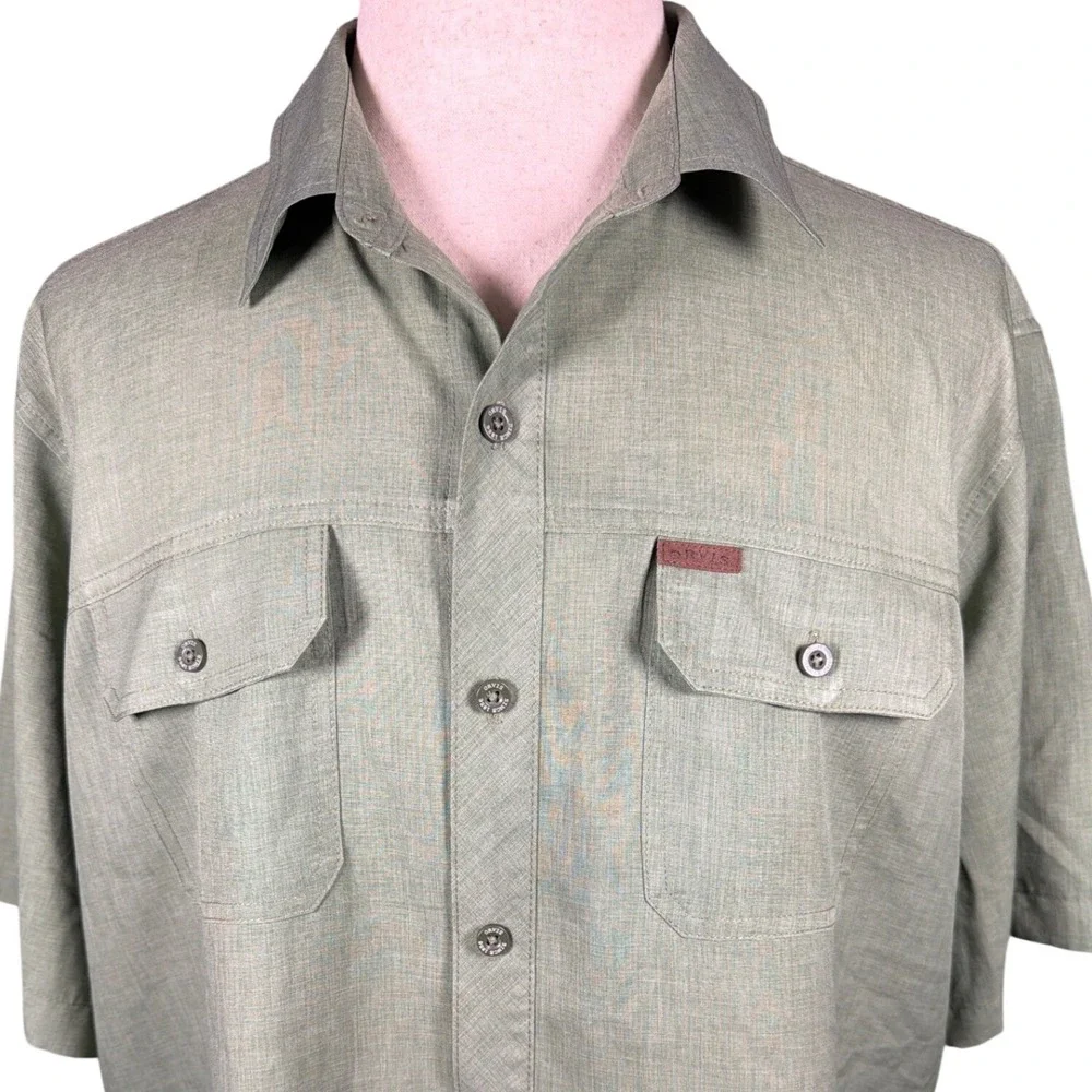Orvis Mens XXL Short‎ Sleeve Button Down Utility Shirt Green Textured Polyester